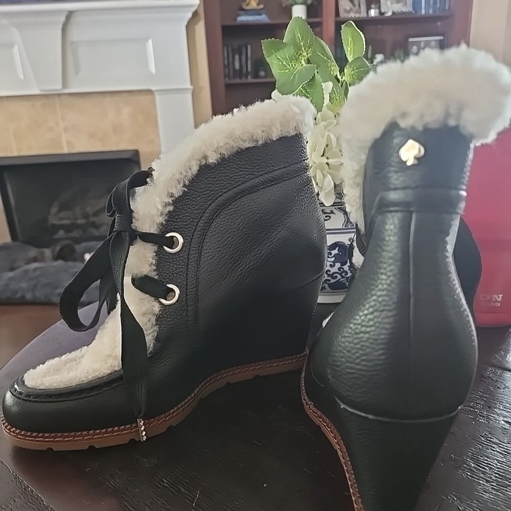 Black Shearling-Lined Wedge Ankle Boots - Kate Spade
